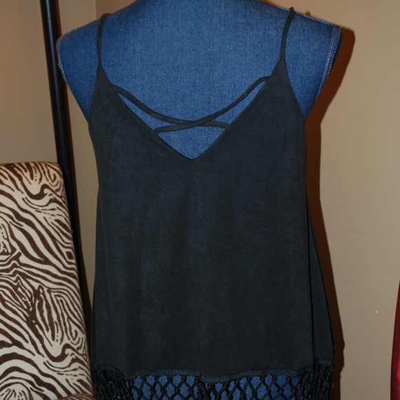 Faux suede spaghetti strap top with fringe bottom - Picture 3 of 7